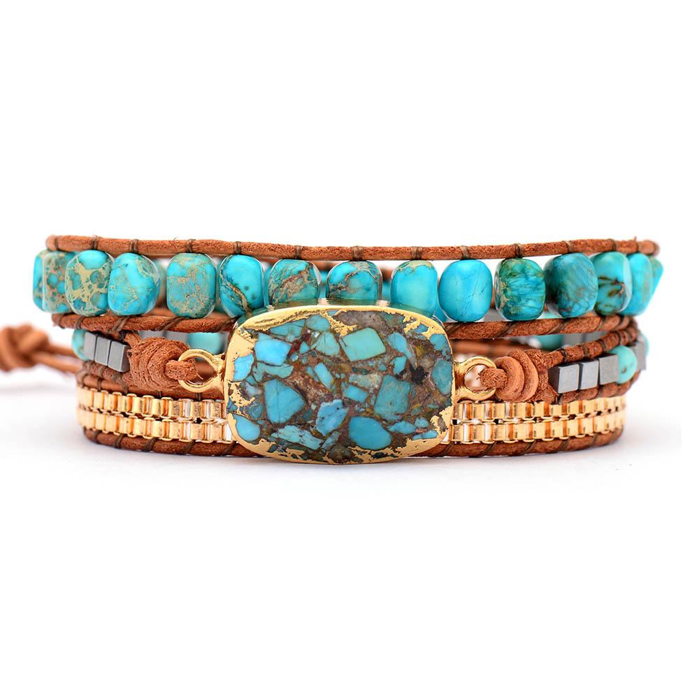Bohemian-style Beveled Turquoise Bracelet, Three-layered Wrapped Hand-woven Leather Cord Bracelet