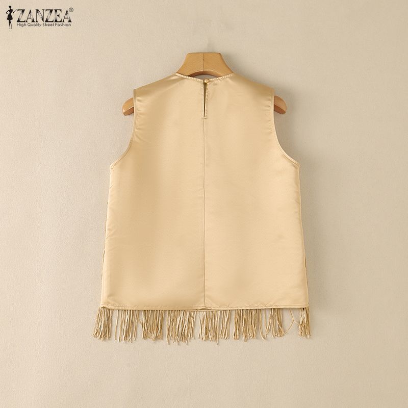 ZANZEA Women Casual Round Neck Lace Tassel Splice Loose Sleeveless Tank Tops