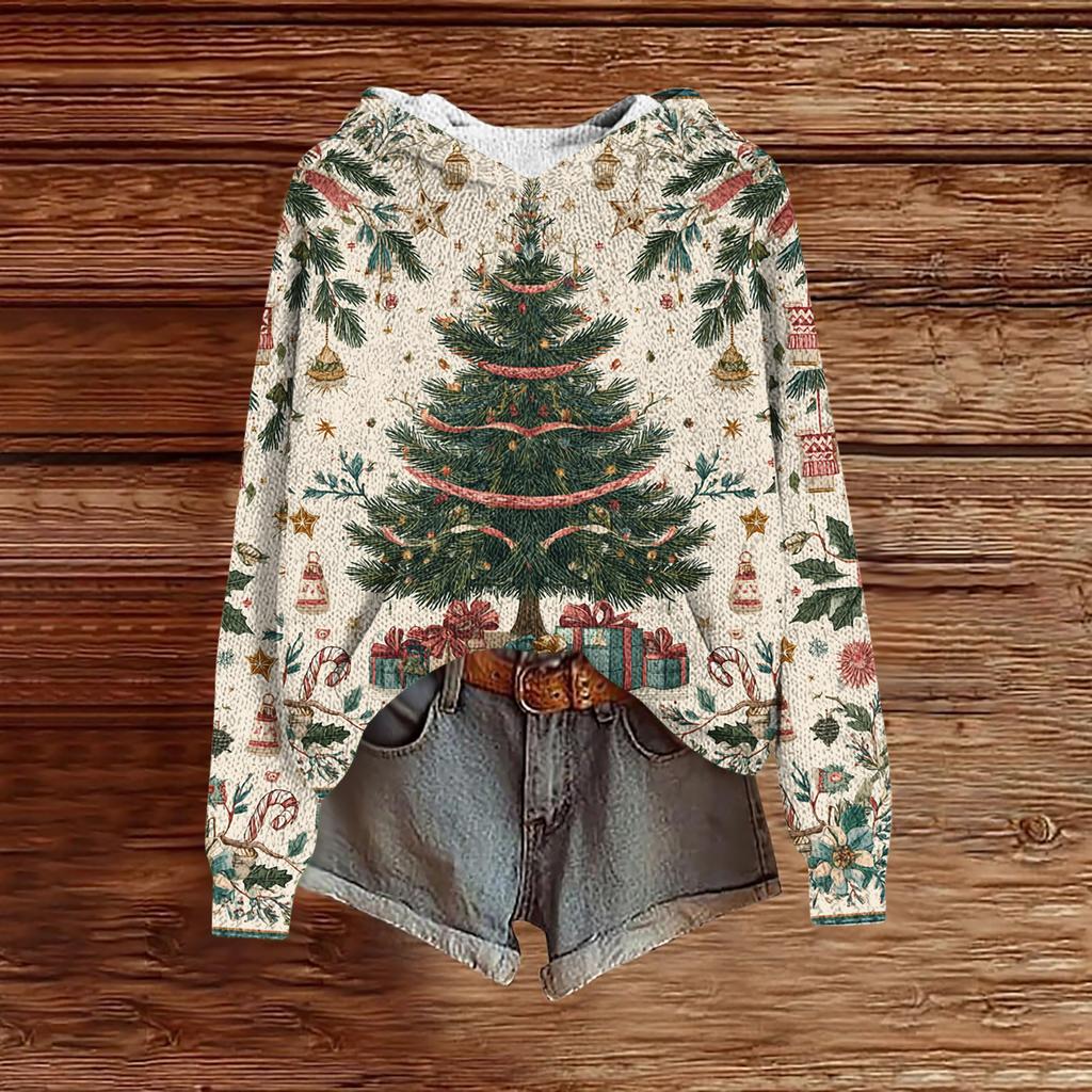 Women's Fashion Casual Long Sleeve Christmas Print Hooded Knitted Sweatshirt