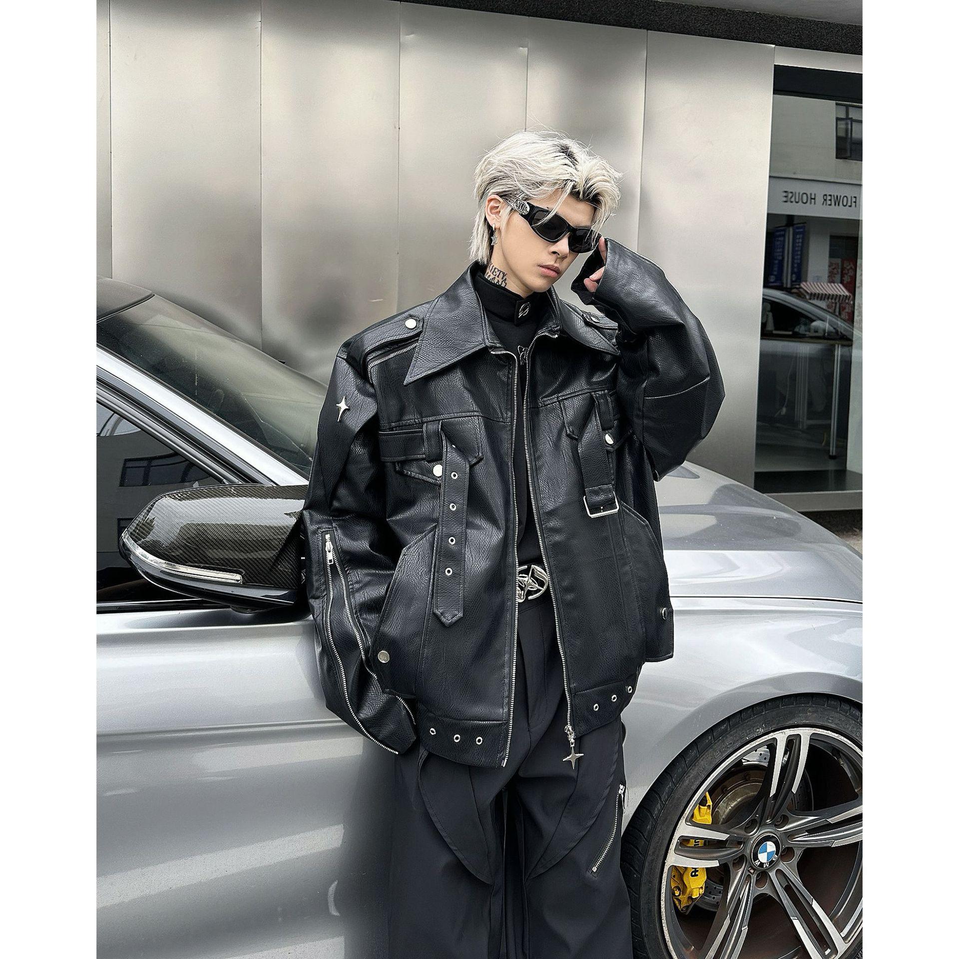 

Мужская куртка из искусственной кожи в стиле ретро-американской эпохи на молнии с лацканами — однотонная и свободная посадка, уникальный стиль 2XL чёрный