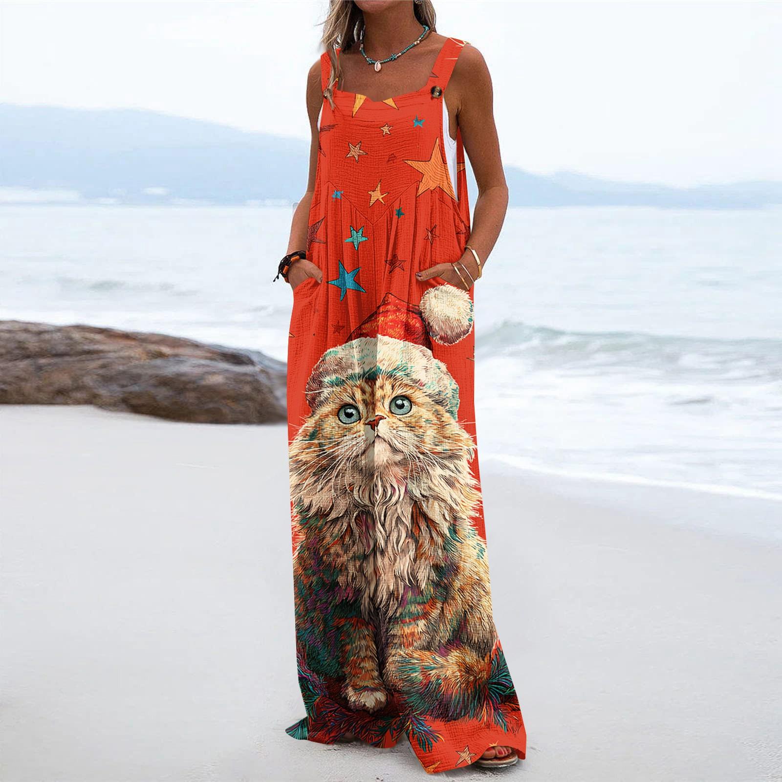 

Женский рождественский принт однотонный широкий крой без бретелек майка карман повседневный комбинезон L