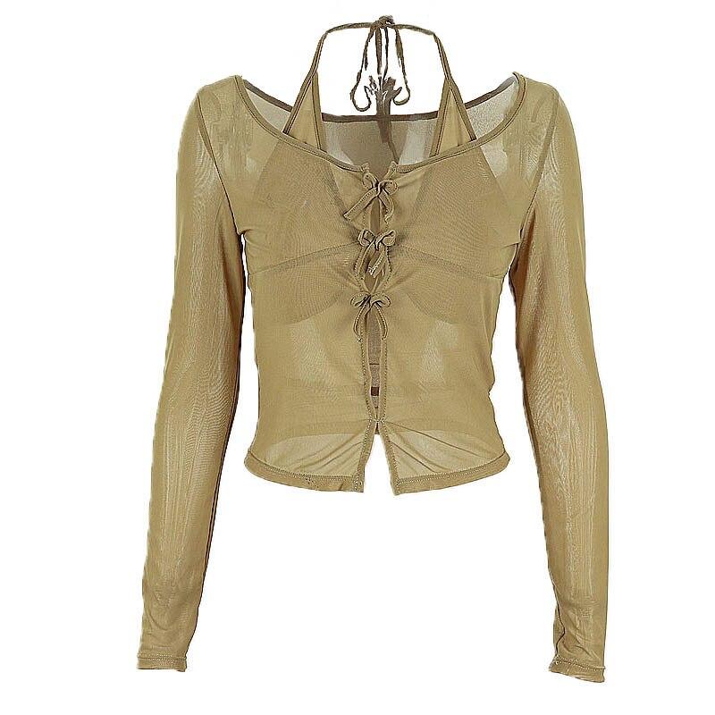 

Летняя мода, винтажная элегантная футболка с длинным рукавом, сетчатая бретелька, марлевые однотонные тонкие сексуальные укороченные топы, женские прозрачные кружевные топы с бантом L зелёный