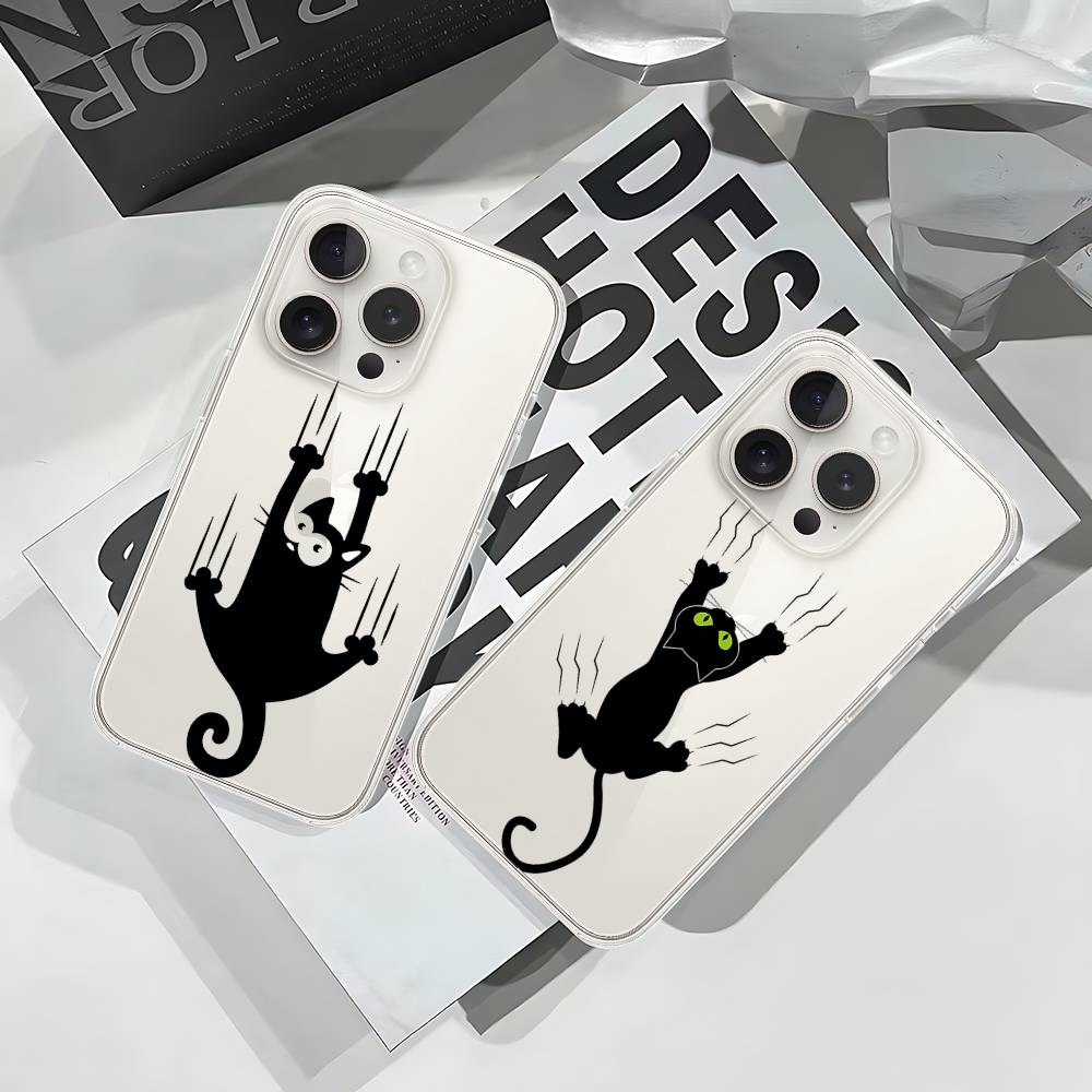Black Cat Scratching Wall Phone Case Soft Transparent Case For IPhone 17 16 15 14 13 12 11 Pro Max Mini Plus Shockproof Cover Ca