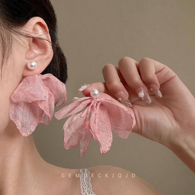 Pink Pearl Chiffon Petal Stud Earrings - Fairy Style, Slimming for Round & Square Faces