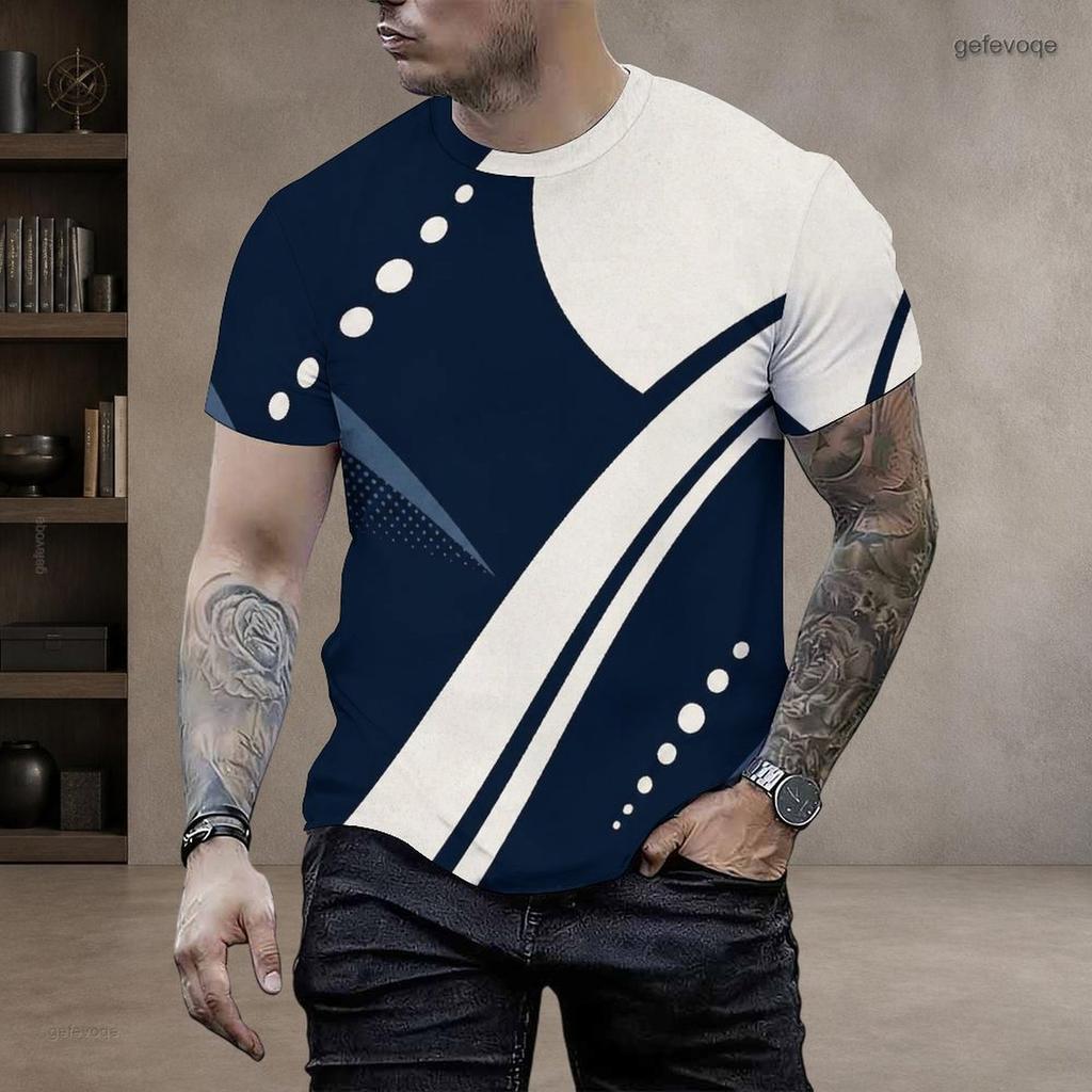 Men S Plus Size Round Neck Short Sleeve Geometric Printed T Shirt Black White Grey Straight Hem Pullover