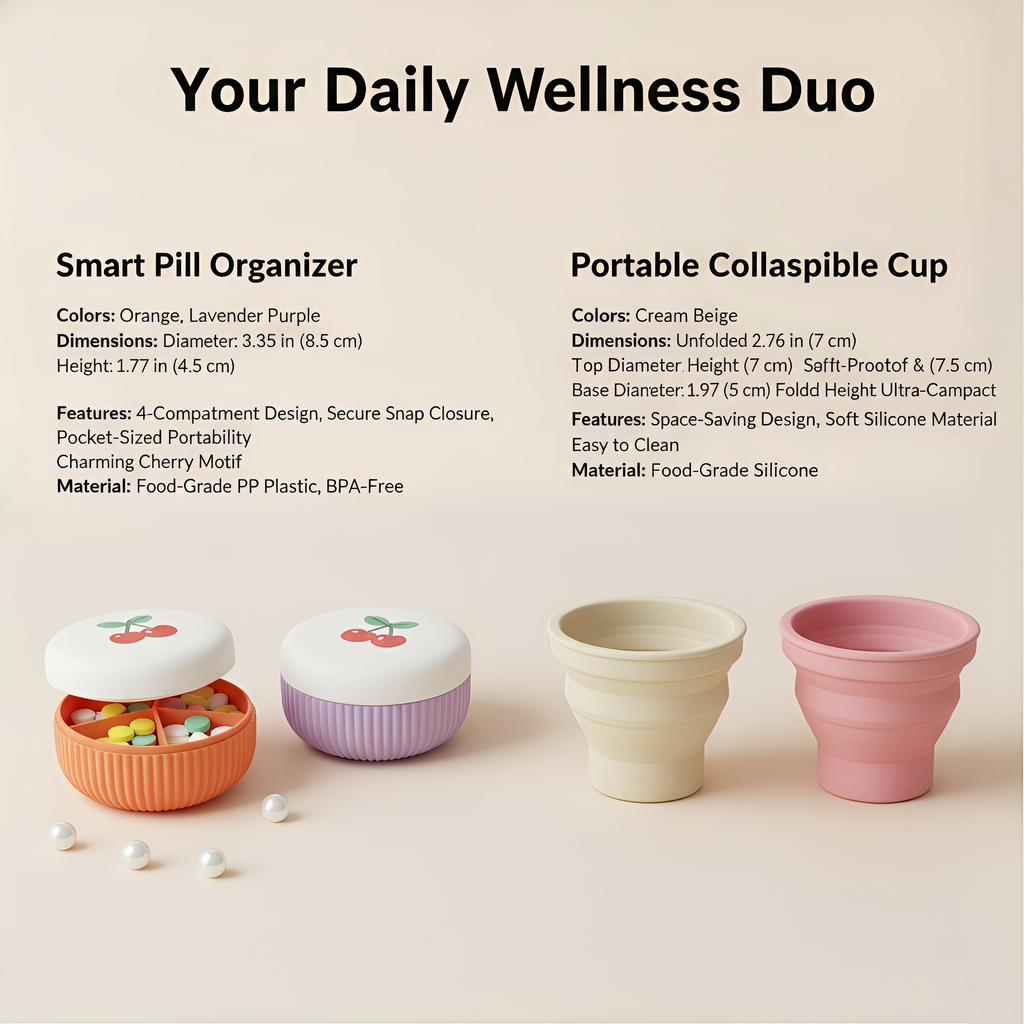 2in1 Creative 4 Grid Medicine Case With Small Water Cup Space-Saving & Washable Daily Pill Case Small Piller for Pocket Purse