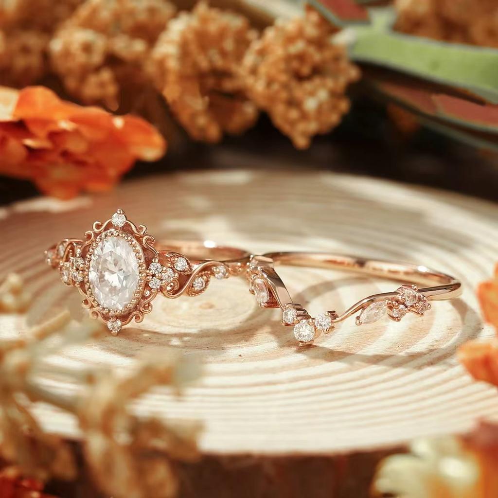 Retro Oval Moissanite Stackable Ring Set | Floral Vine Engagement Bride Ring Set In Rose Gold Color