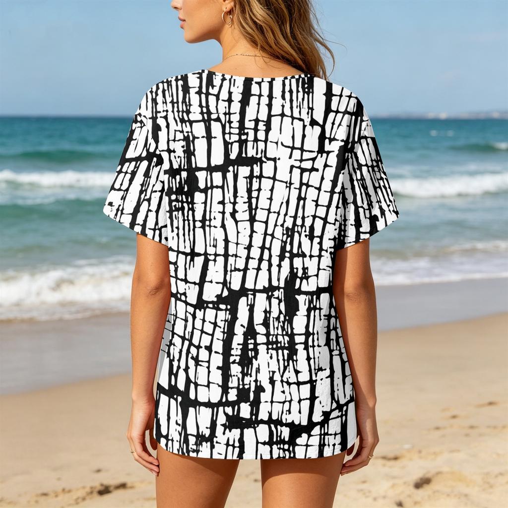 Women Henley Neck Printed Short Sleeve Cotton Linen Shirt with Front Pocket and Button Casual Fit Top