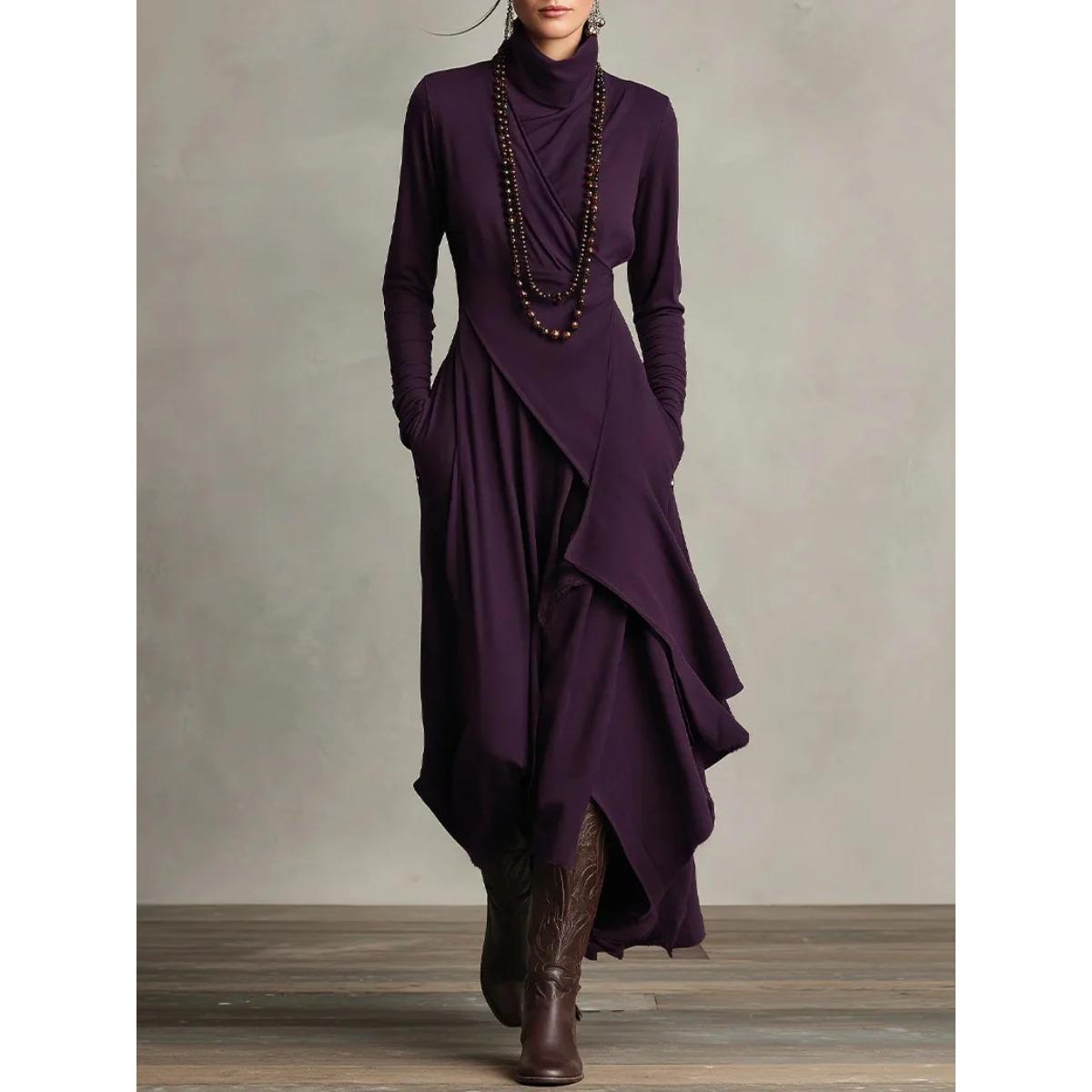 Women s Turtleneck Long Sleeve A-Line High Waist Solid Color Maxi Dress Casual Dress S фиолетовый