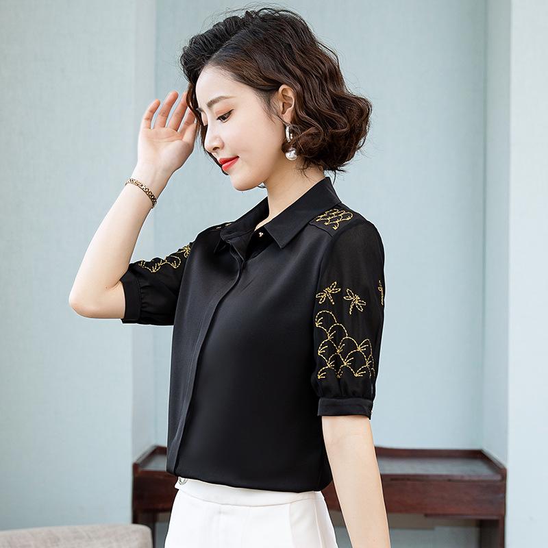 

Черная шифоновая рубашка-кардиган с коротким рукавом, отложным воротником и принтом XXL чёрный