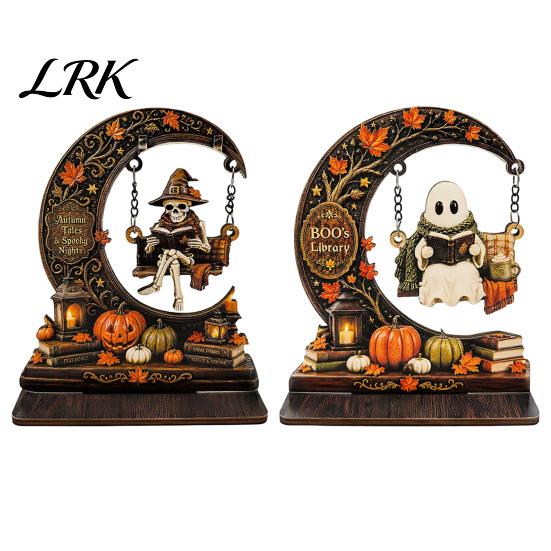 Handcrafted Wood Ghost Gift Swinging On Moon Halloween Decoration, Spooky Reading Ghost/Skeleton Wooden Bookshelf Ornament Creative Craft for