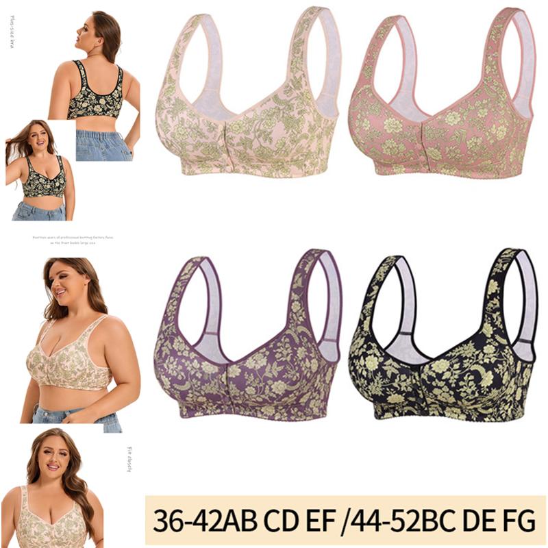 Women's Plus Size Front Closure Floral Print Bra, A-G Cup 36-52 Full Coverage Wireless Vest Style Bra for Large Bust Ladies