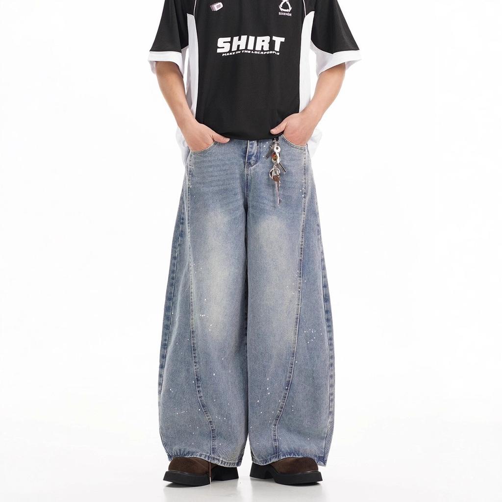 American High Street Retro Washed Ink Splashing Scimitar Jeans Men's and Women's Street Trendy Brand Ruffian Handsome Loose Casual Wide-leg Pants