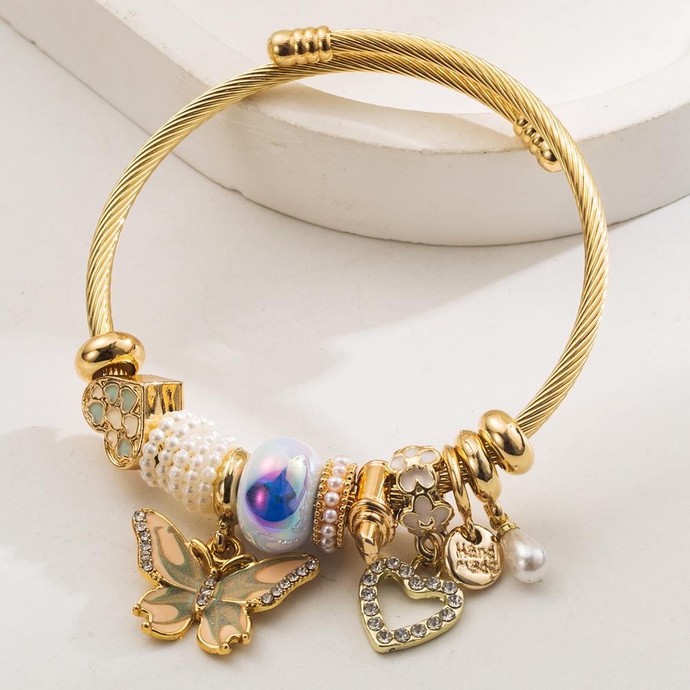 Браслет со стразами, подвеска-бабочка и сердце, женский, регулируемый браслет-манжета
