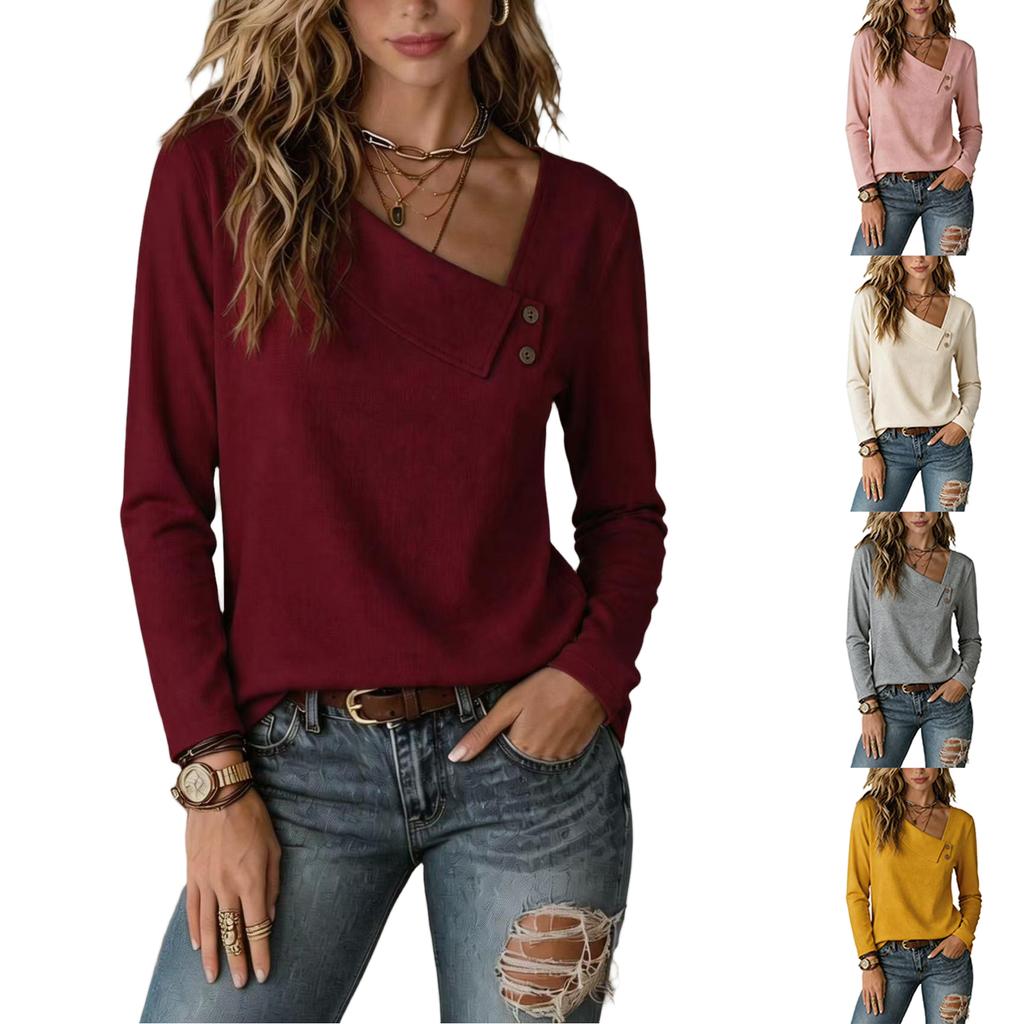 Women's Long Sleeve V-Neck Button Down Shirt for Fall and Winter