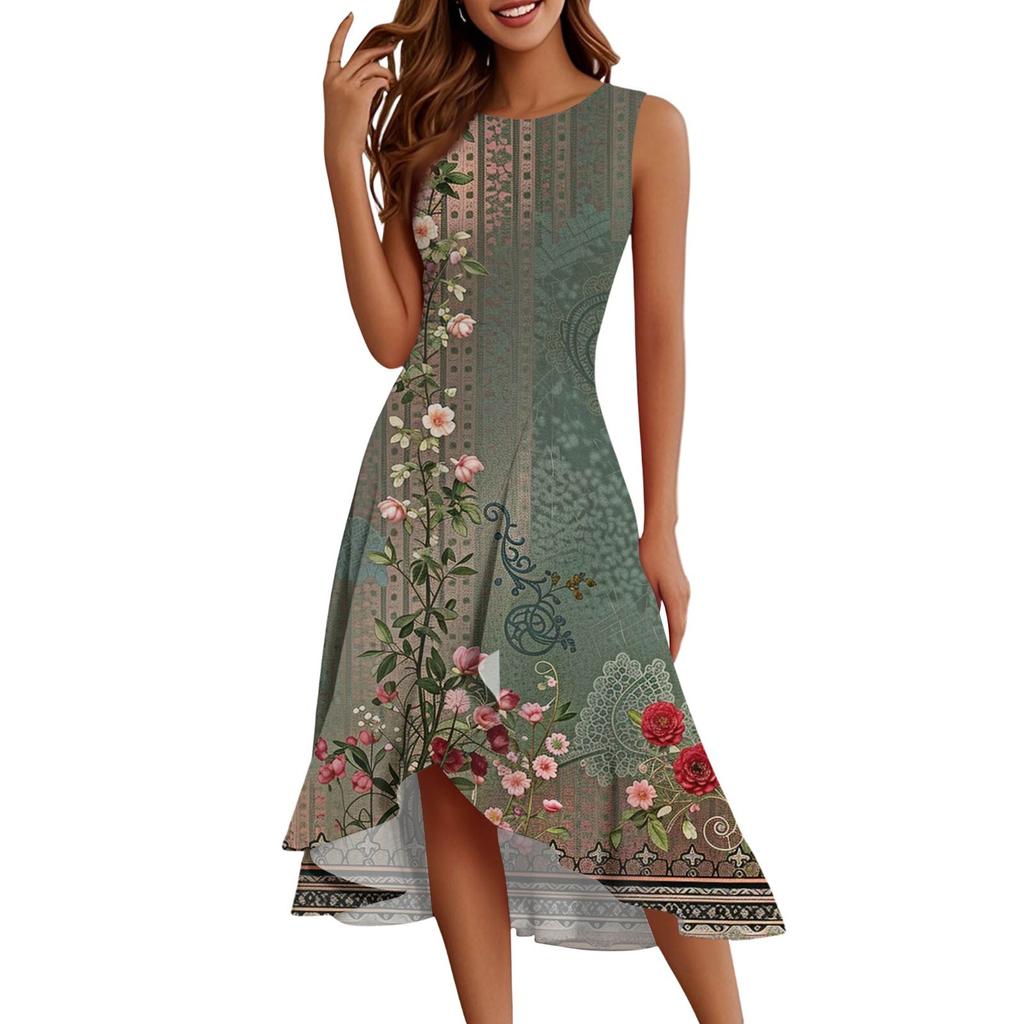 Damenmode Lässig Reißverschluss Ärmellos Rundhals Bedruckt Elegant Temperament Rüschenkleid Kleider