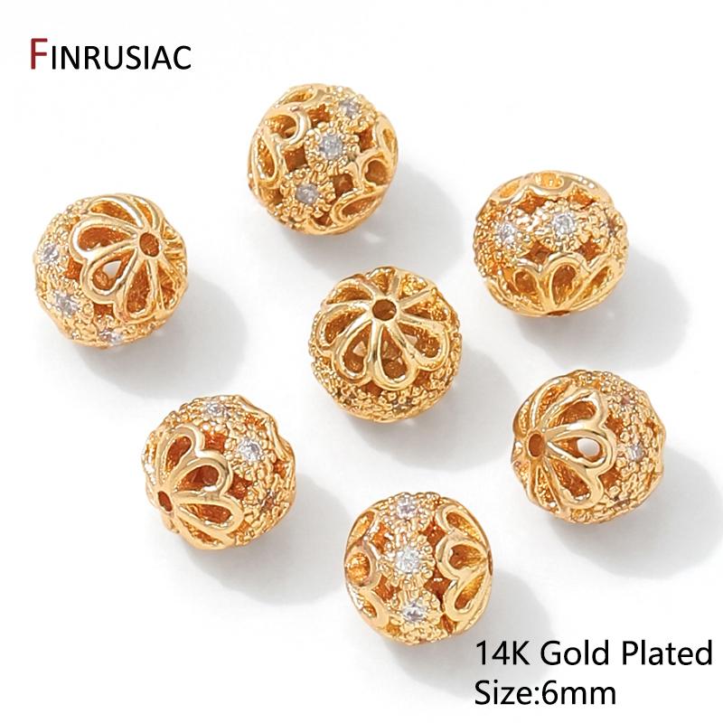14K Gold Plated Brass Round Hollow Flower Spacer Beads,Separator For Beads,Inlaid Zircon Beads For DIY Jewelry Making Supplies 2 pieces