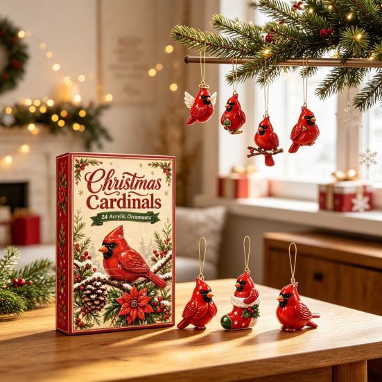 Advent Calendar for Kids Red Bird Calendar, 24-Day Christmas Countdown Set with Acrylic Ornament Collection Ornaments, 2D Tree Hanging Decor,
