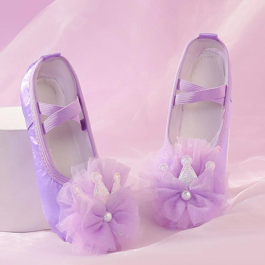 

Кружевные танцевальные туфли для девочки, туфли принцессы, детские балетки, балетки для малышей, обувь для чирлидинга, обувь для упражнений на мягкой подошве, танцевальные туфли для женщин 40insole23cm фиолетовый