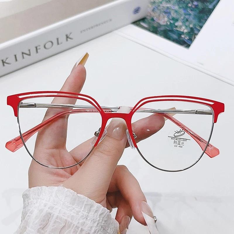 Latest Cat Eye Metal Framed Anti-blue Light Eyeglasses for Women's Simple Fashion Commuting Flat Mirror PC Goggles Whosale