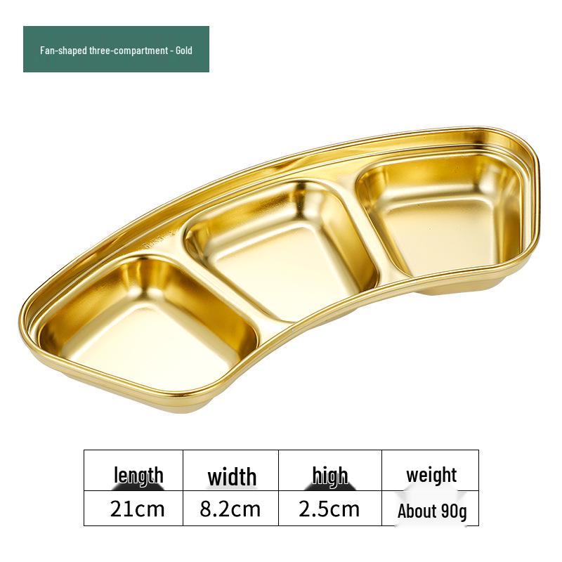 Golden Korean-Style Two/Three-Compartment Sauce Dishes – 304 Stainless Steel for Kimchi, Barbecue, and Hot Pot Seasoning.