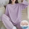 Women's Milk Silk Checkerboard Pajama Set - Round Neck, Long-Sleeve, Self-Contained Breast Pads for Spring and Autumn