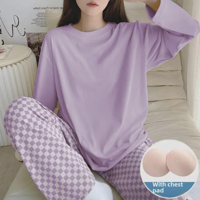 Women's Milk Silk Checkerboard Pajama Set - Round Neck, Long-Sleeve, Self-Contained Breast Pads for Spring and Autumn