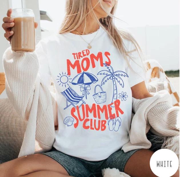 Tired Moms Summer Club T- Shirt, Funny Retro Mom Summer Tee M