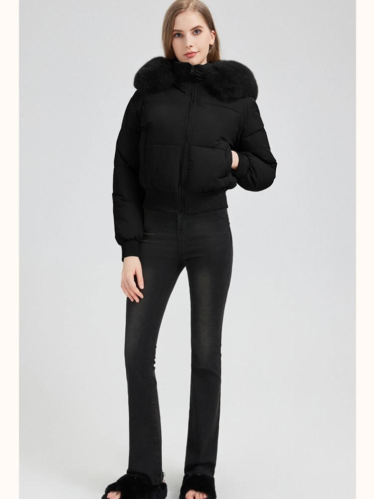 Dam Varm Pufferjacka med Stor Päls Krage Kort Förtjockad Huva Liten Dunjacka