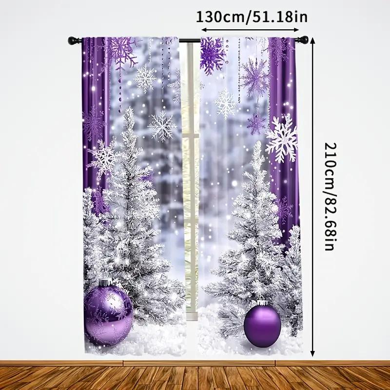 2pcs Purple Snowflake Snowy Christmas Tree Curtains   Light Blocking Polyester Rod Pocket for Holiday Home Decor