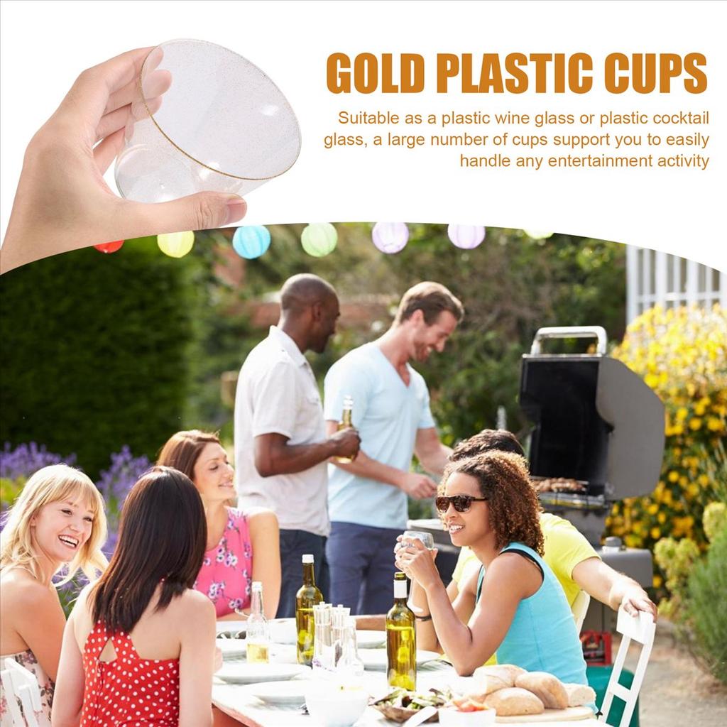 BHBL Gold Plastic Cups Clear Plastic Wine Glasses, Fancy Disposable Hard Plastic Cups with Gold Glitter for Party Cups 50Pcs