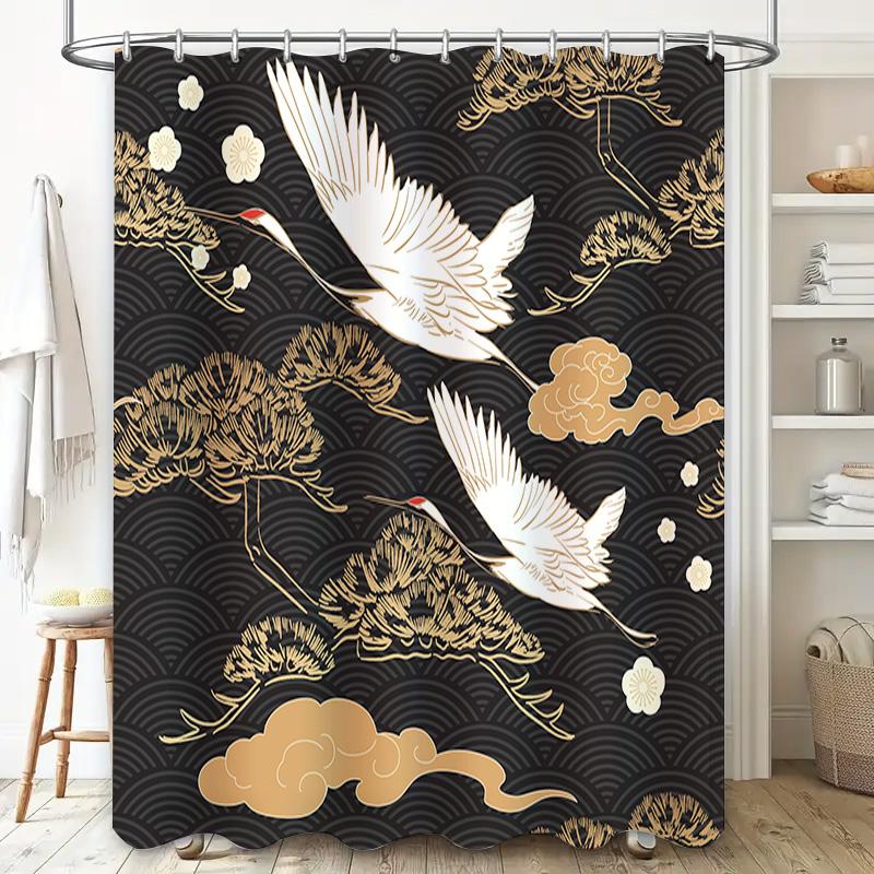Klasický japonský vzor jeřábů Sprchový závěs Dekor Domov Vodotěsná Koupelnová dekorace (Černá)