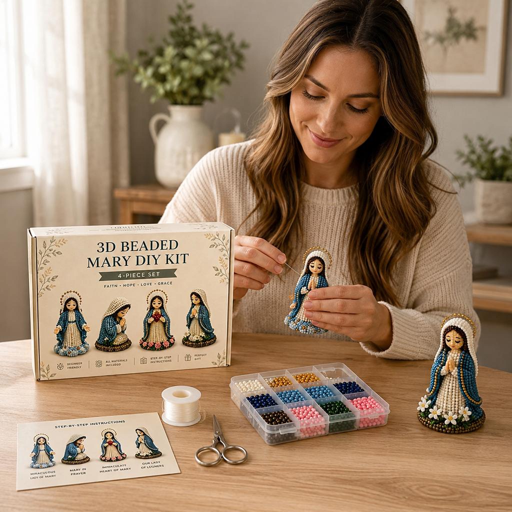 3D Beaded Mary DIY Kit 4-Piece Set Faith Hope Love Grace Crafting Kit for Handmade Religious Figures with Detailed Beading and Assembly Instructions
