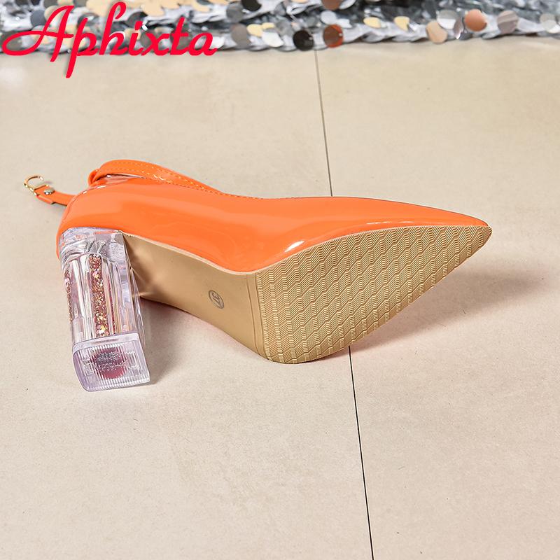 Fashion Aphixta 3.94inch Transparent Chunky Heels Women Pumps Orange Pimp Buckle Ankle Strap Shoes Leisure Patent Leather Plus Size 50