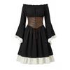 Womens Medieval Renaissance Dress Off Shoulder Gothic Style Corset Waist Vintage Long Sleeve Flared Skirt Costume for Halloween or Themed Events