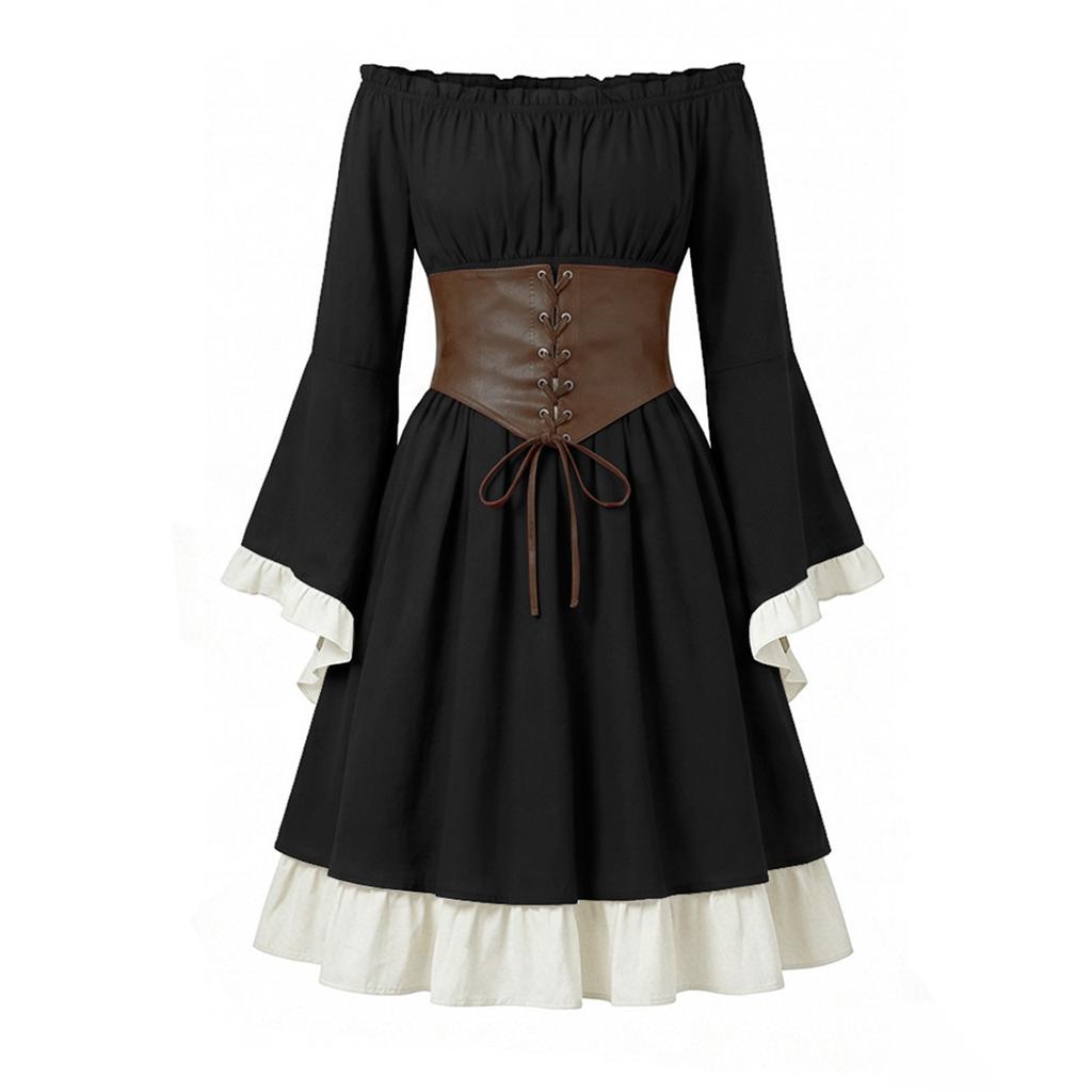 Womens Medieval Renaissance Dress Off Shoulder Gothic Style Corset Waist Vintage Long Sleeve Flared Skirt Costume for Halloween or Themed Events