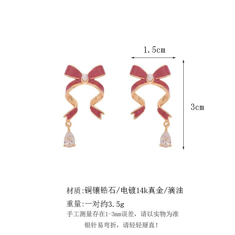 Elegant Butterfly Knot Dangle Earrings With Ribbon Zircon Drops Women Korean Sweet Style Mid-Length Studs