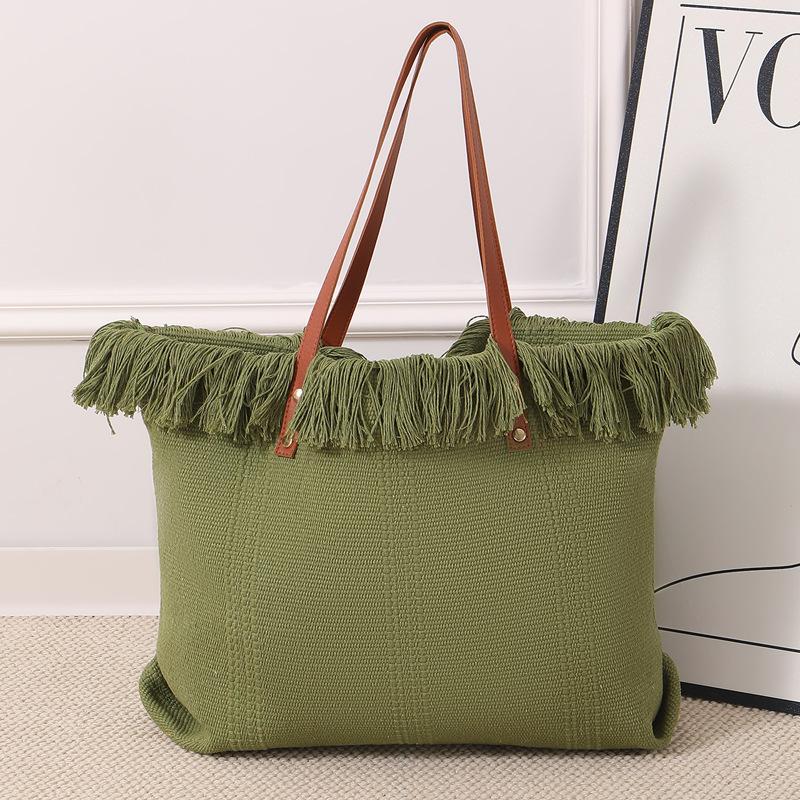 Tassel Tote Bag Large Capacity Simple Portable Shoulder Canvas Bag Student Commuter Woven Beach Bag