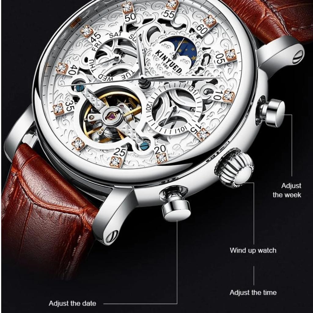 KINYUED Tourbillon Men Watches Fashion Business Automatic Mechanical Watch Men Casual Leather Waterproof Watch