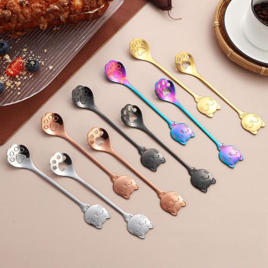 Cat Coffee Spoon, Stainless Steel Cat Paw Claw Teaspoon, Multi-Color Electroplated Stirring Spoon, for Ice Cream Yogurt Dessert