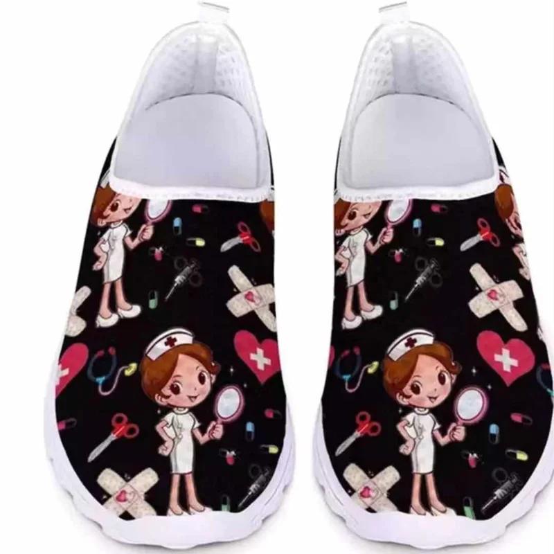 Ladies Loafers Cartoon Nurse Doctor Print Women Sneakers Slip On Light Mesh Casual Shoes Summer Breathable Flats Zapatos