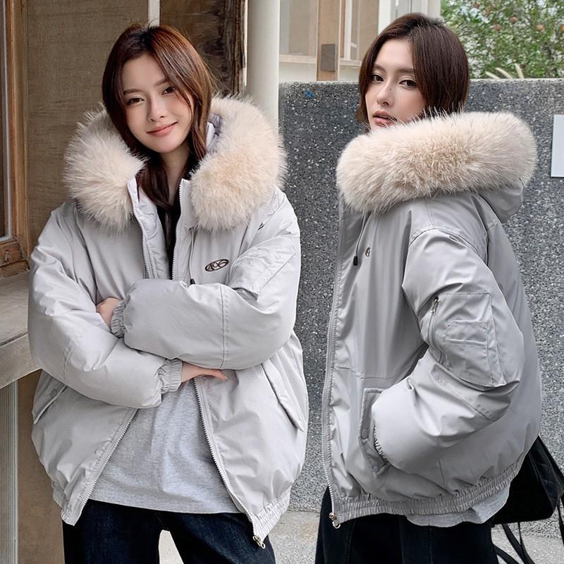 Womens Short Puffer Coat With Faux Fur Hood Winter Warm Cotton-Padded Jacket Loose Fit Casual Style
