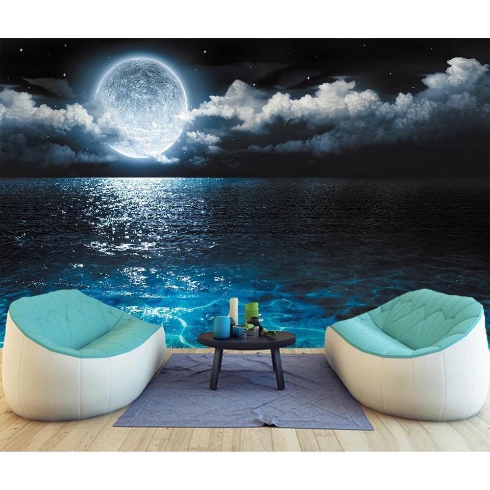 Night Ocean Wall Mural Sea Starry Cloudy Sky Wallpaper for Living Room Home Decor