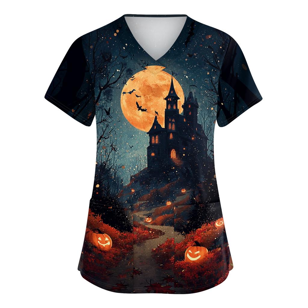 Women's V Neck Short Sleeve Work Shirt with Side Slits and Pockets Halloween Themed Printed Top Suitable for Casual and Professional Wear