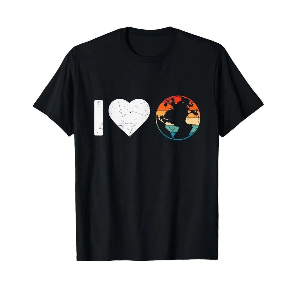 Vintage Heart I Love World Planet Climate Change Earth Day T Shirt Black Vintage Washed Homme Casual Soft Fashion Unisex