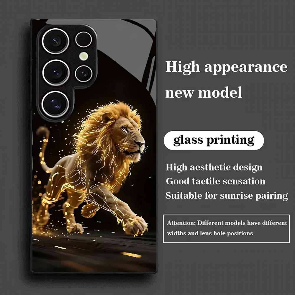 Golden Lion tempered glass phone case suitable for Samsung Galaxy S26 S25 S24 S23 S22 S20 FE/Ultra/Plus anti drop back cover
