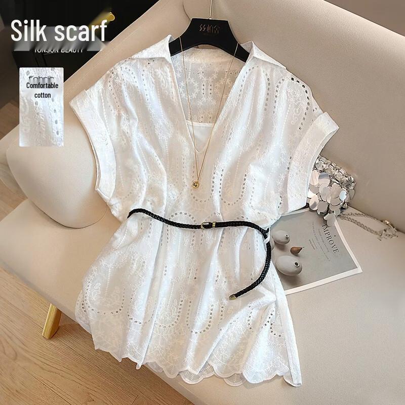 Sibaishe Women s Lapel Solid Color Fake Two-Piece Blouse L