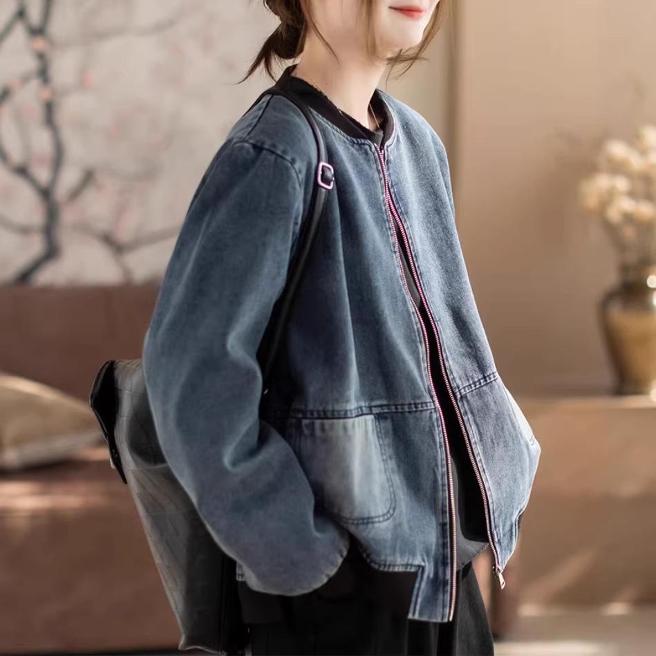 Giacca di Jeans Retro Usurata Stile Coreano con Patchwork a Coste