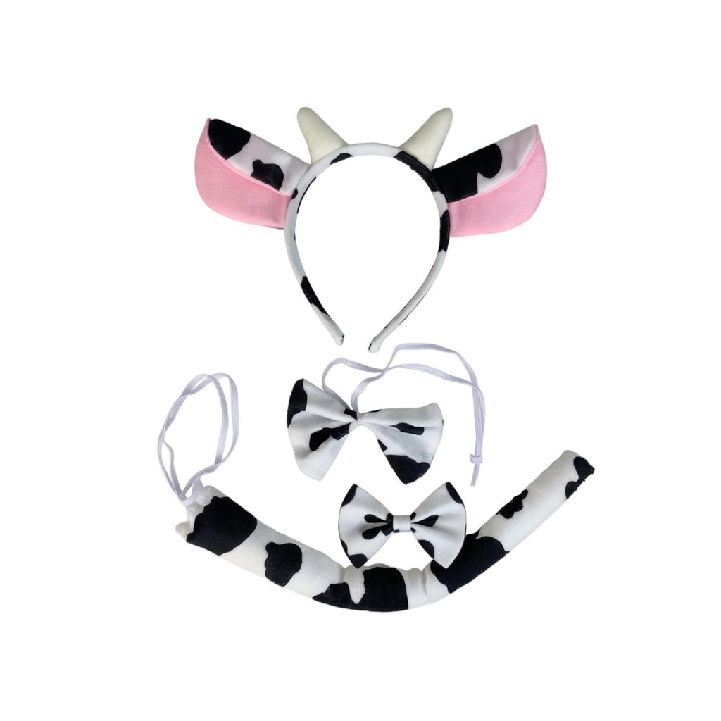 Cow Costume Accessories Set Headband with Horns Tie and Tail for Halloween Cosplay
