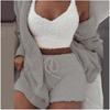 Women's Loose Fit Three Piece Loungewear Long Sleeve Fuzzy Cardigan V Neck Tank Drawstring Waist Shorts Winter Solid Tracksuit